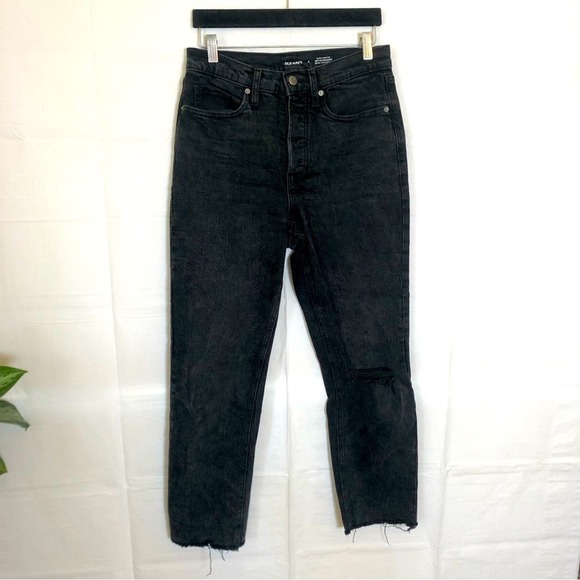 Old Navy High Rise Jeans Women’s 28 Black Straight Leg Distressed Button Fly - Picture 1 of 12